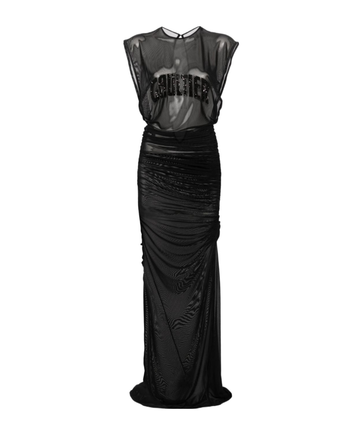 Shop Jean Paul Gaultier Logo-embroidered Mesh Maxi Dress In Black