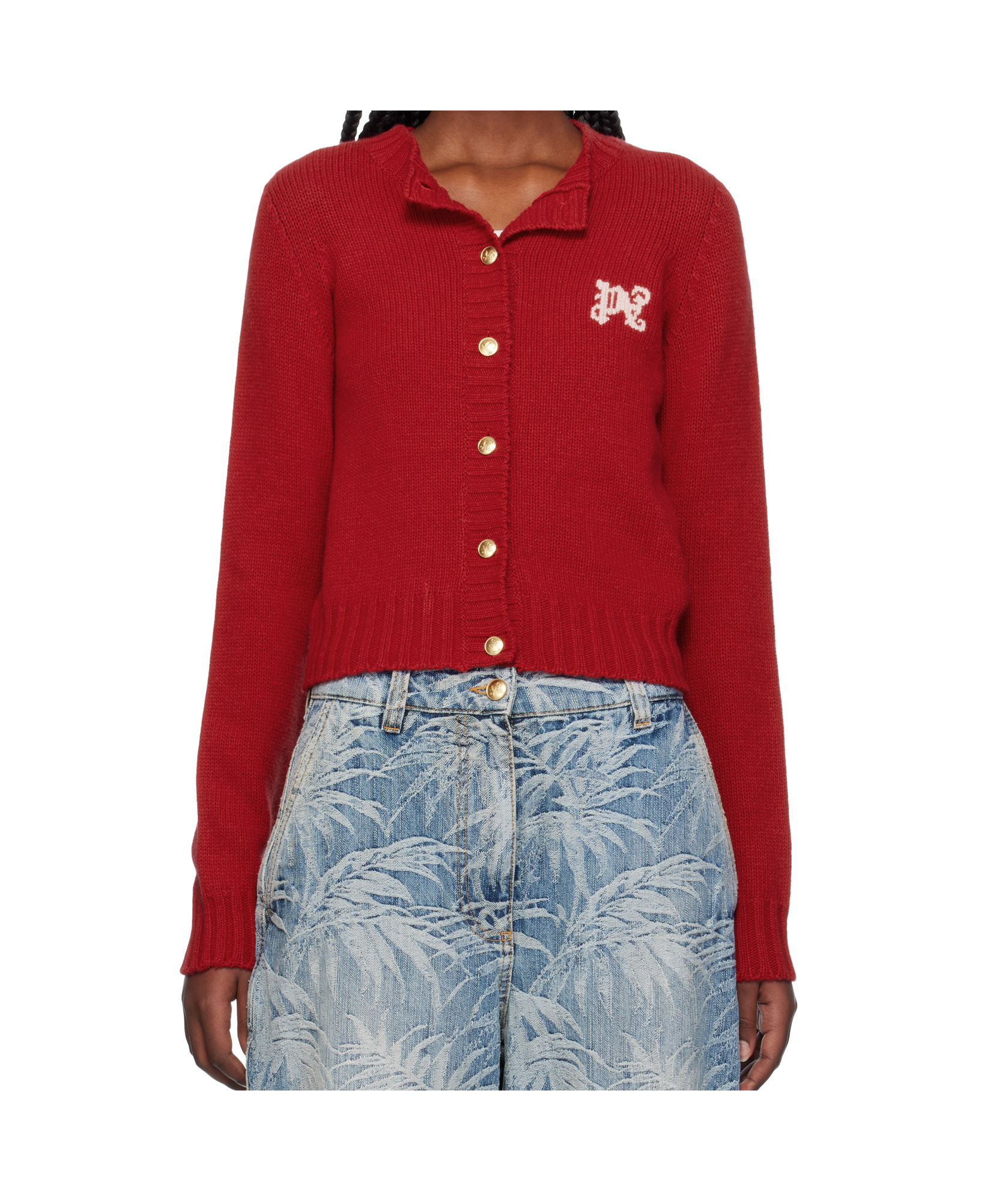Palm Angels Red Monogram Cardigan In Red