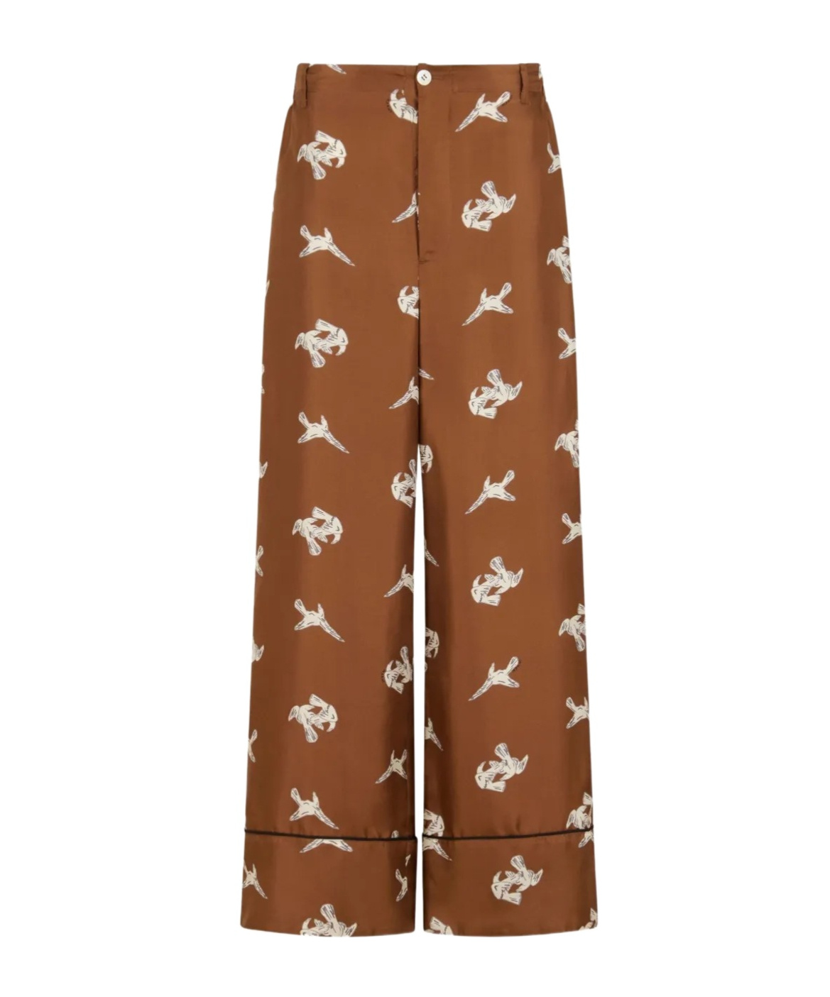 Marni Brown Silk Twill Trousers With Raven Print In Brown