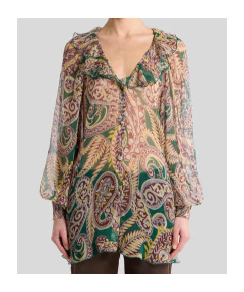 Etro Silk Shirt With Ruffles And Paisley Motif In Green