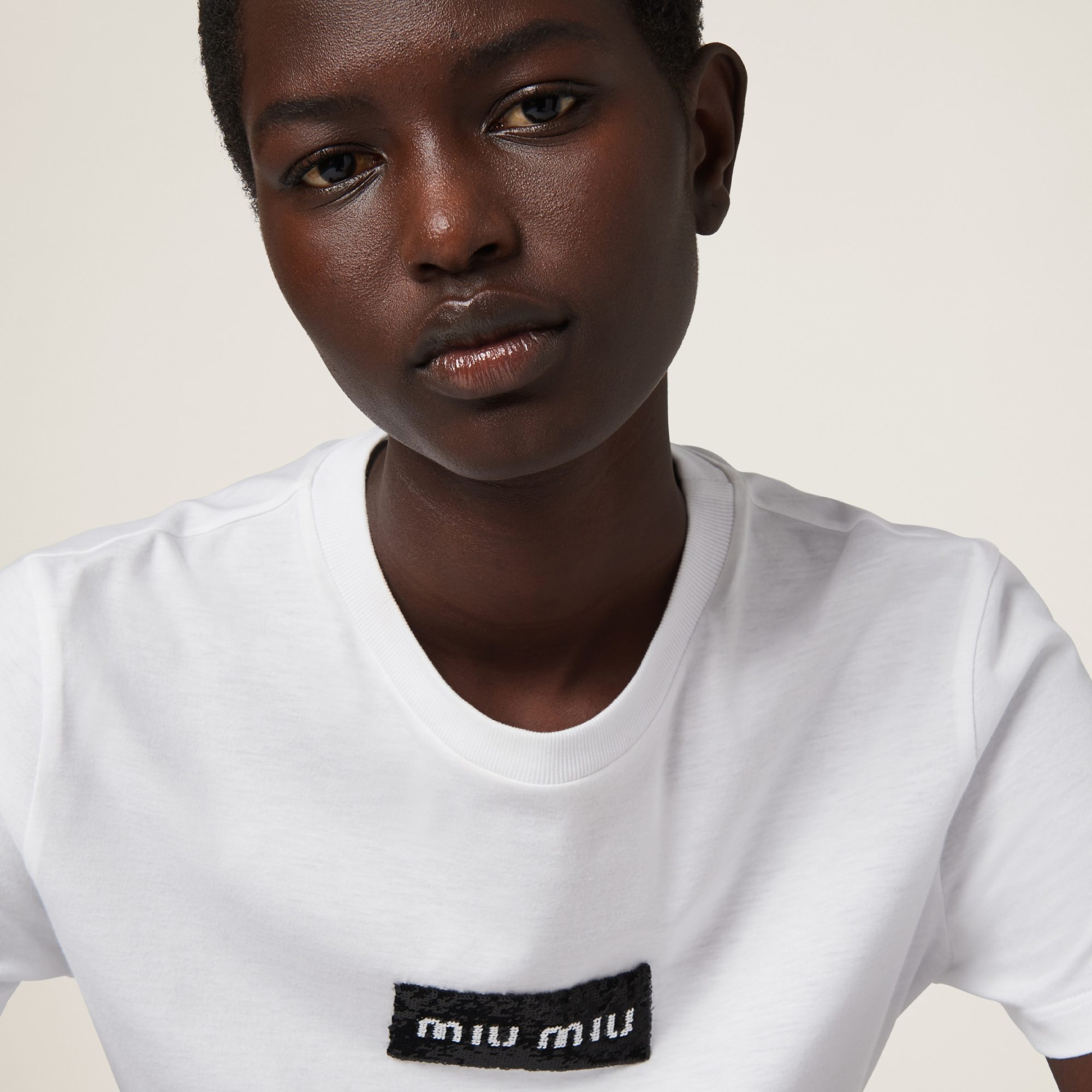 Miu Miu Sequin-logo Cotton T-shirt In White