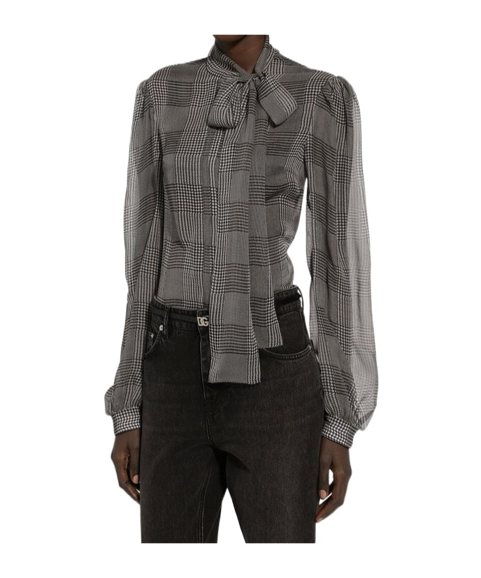 Dolce & Gabbana Silk Chiffon Shirt With Glen Plaid Print In Black