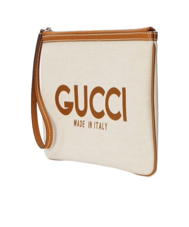 Gucci Logo-print Leather-trim Canvas Clutch In White