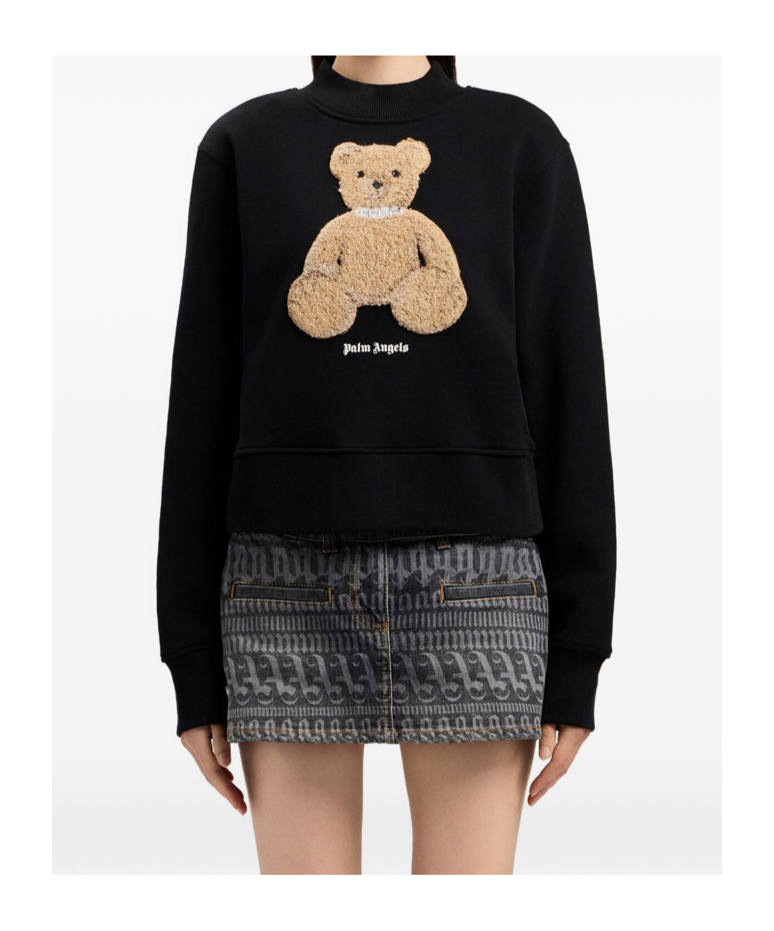Palm Angels Bear Motif Knit Crew Neck Sweatshirt In Black
