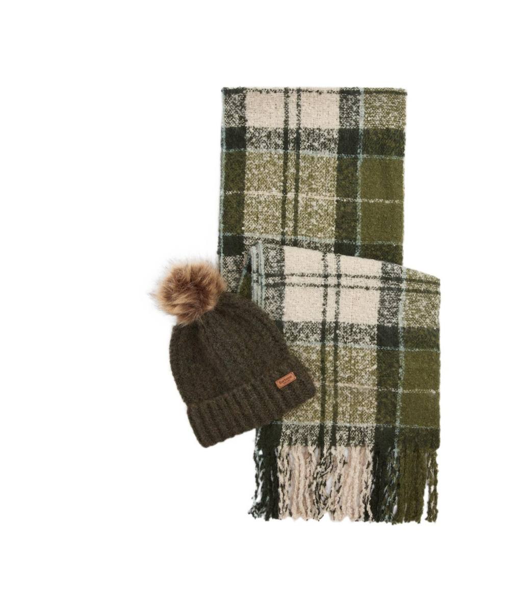 BARBOUR CURLED KNITTED HAT AND SCARF SET 