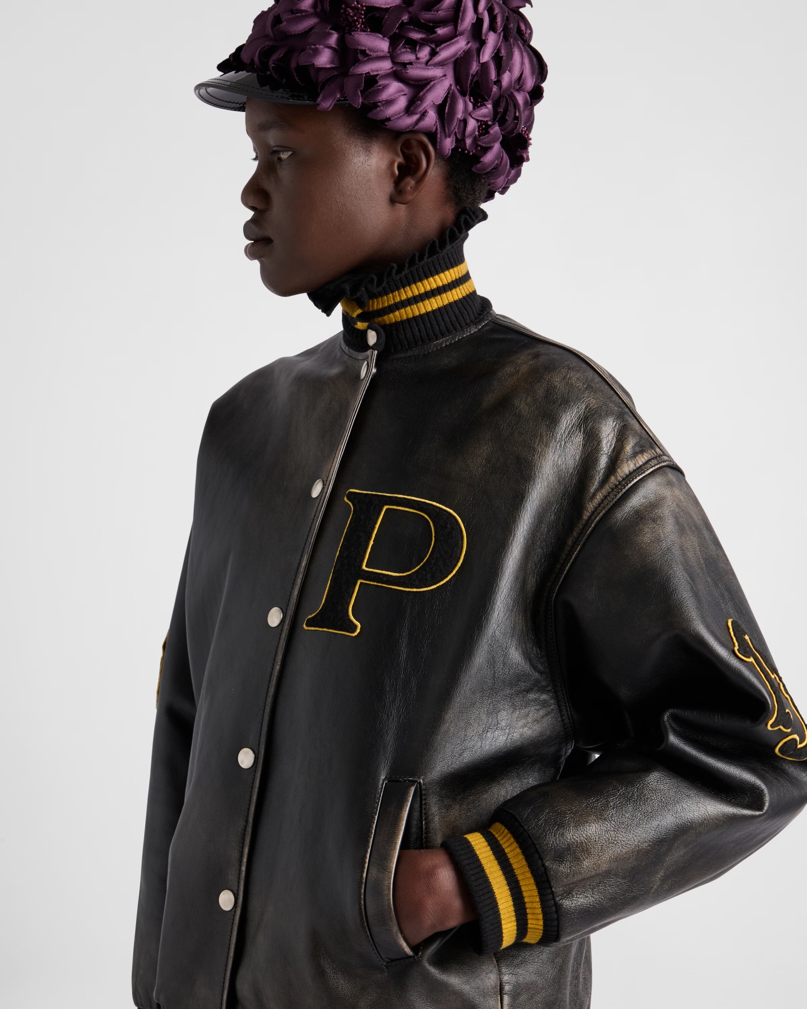 Prada Leather Bomber Jacket With Patch In Black