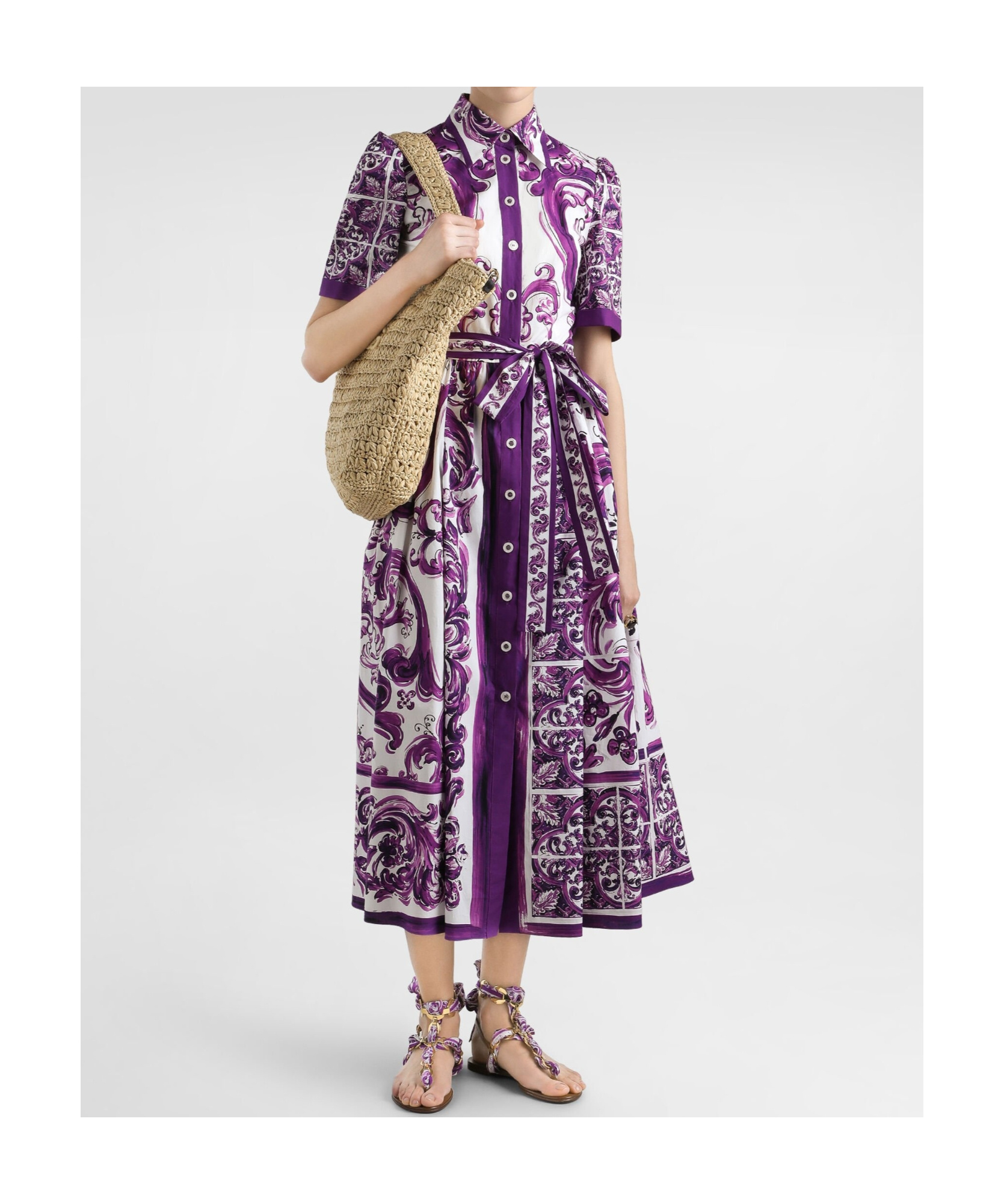 Dolce & Gabbana Collar Dress With Waist Knot And Majolica Print In Purple
