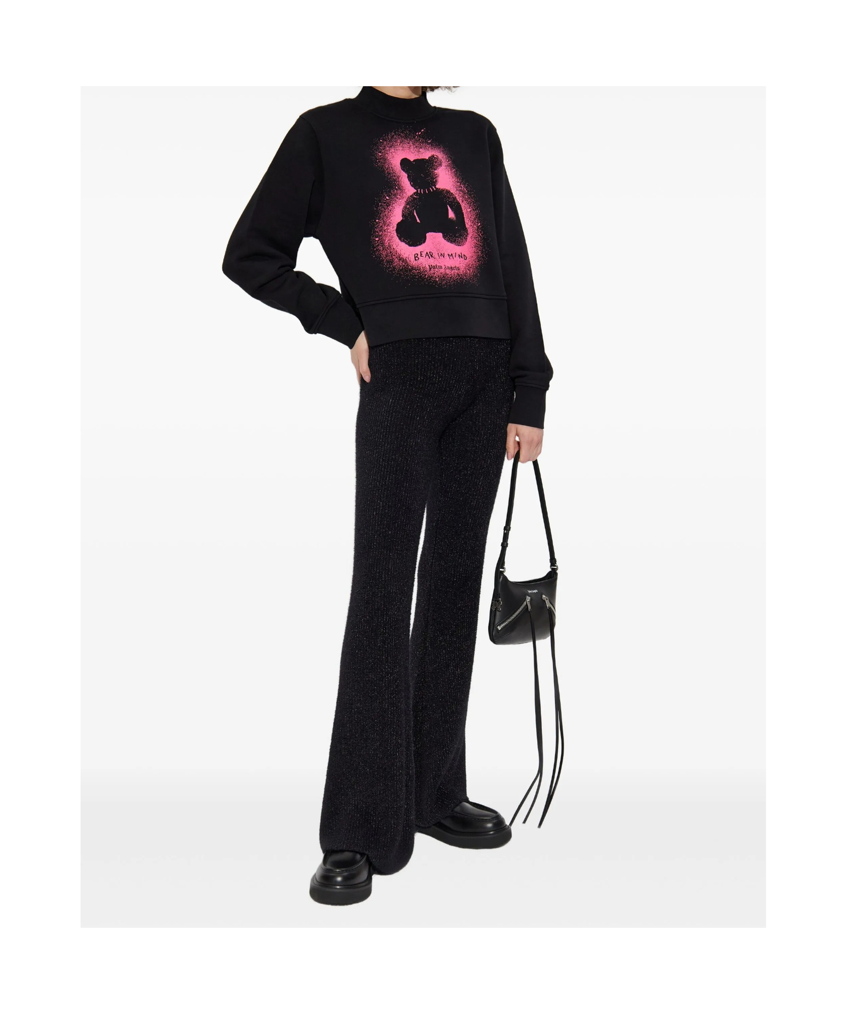 Palm Angels Cropped Black And Fuchsia Graphic Sweatshirt In Black