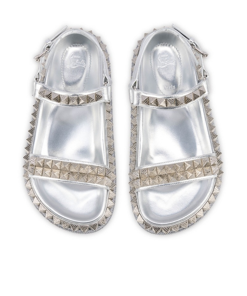 Christian Louboutin Womens Silver Pyrabizz Flat Leather Sandals Eur 40 / 7 Uk In Silver