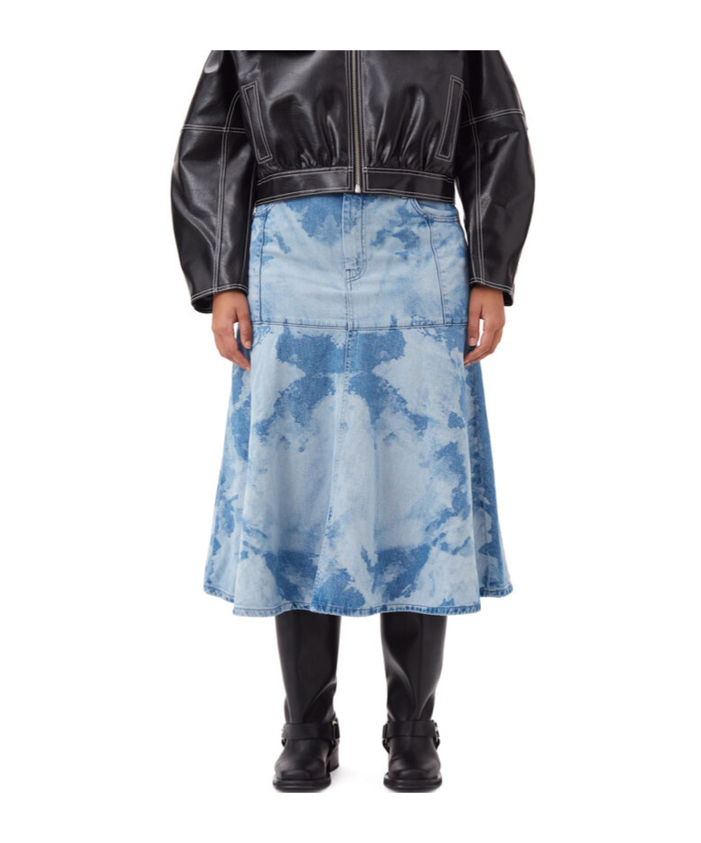 Ganni Blue Bleach Denim Flounce Midi Skirt In Blue