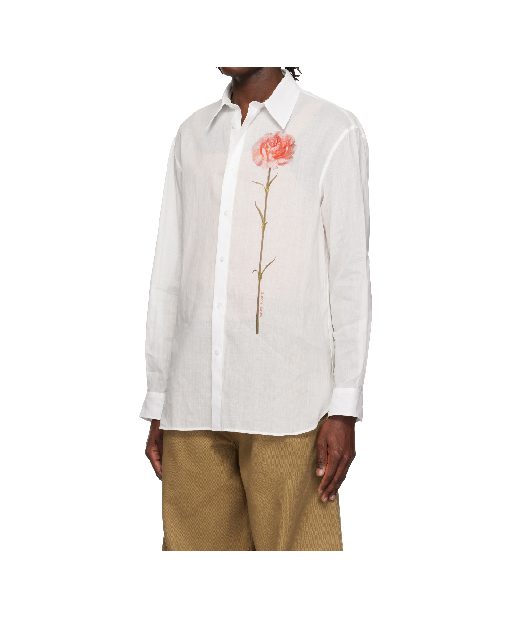 Simone Rocha Carnation Print Easy Cotton Voile Button-up Shirt In Lapel Collar, Long Sleeves And Button Closure.