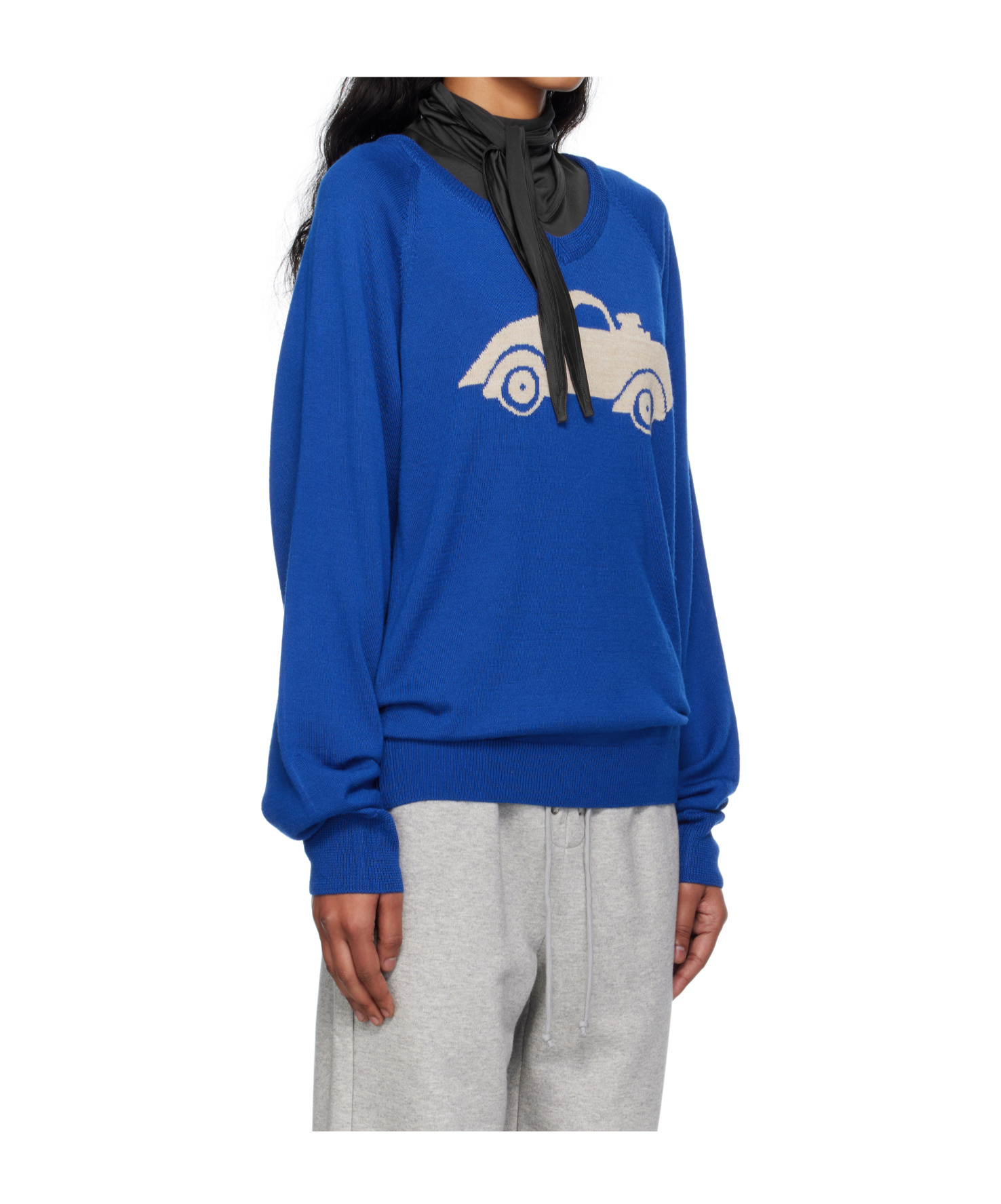 Open Yy Car Pattern Knitted Sweater In Blue