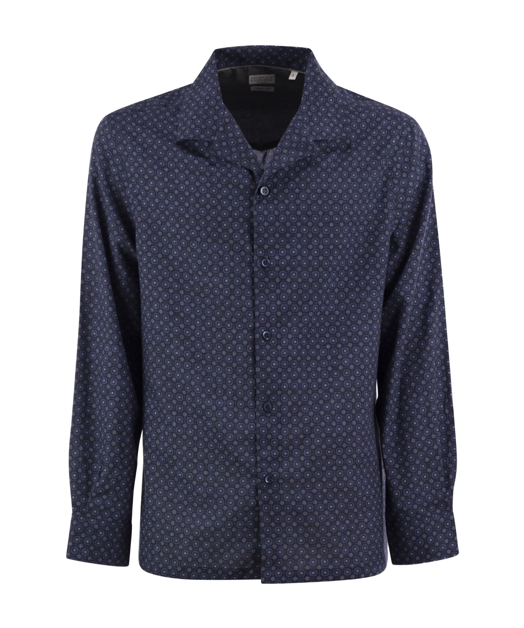 Brunello Cucinelli Men Geometric Print Easy Fit Twill Shirt With Camp Collar In Blue