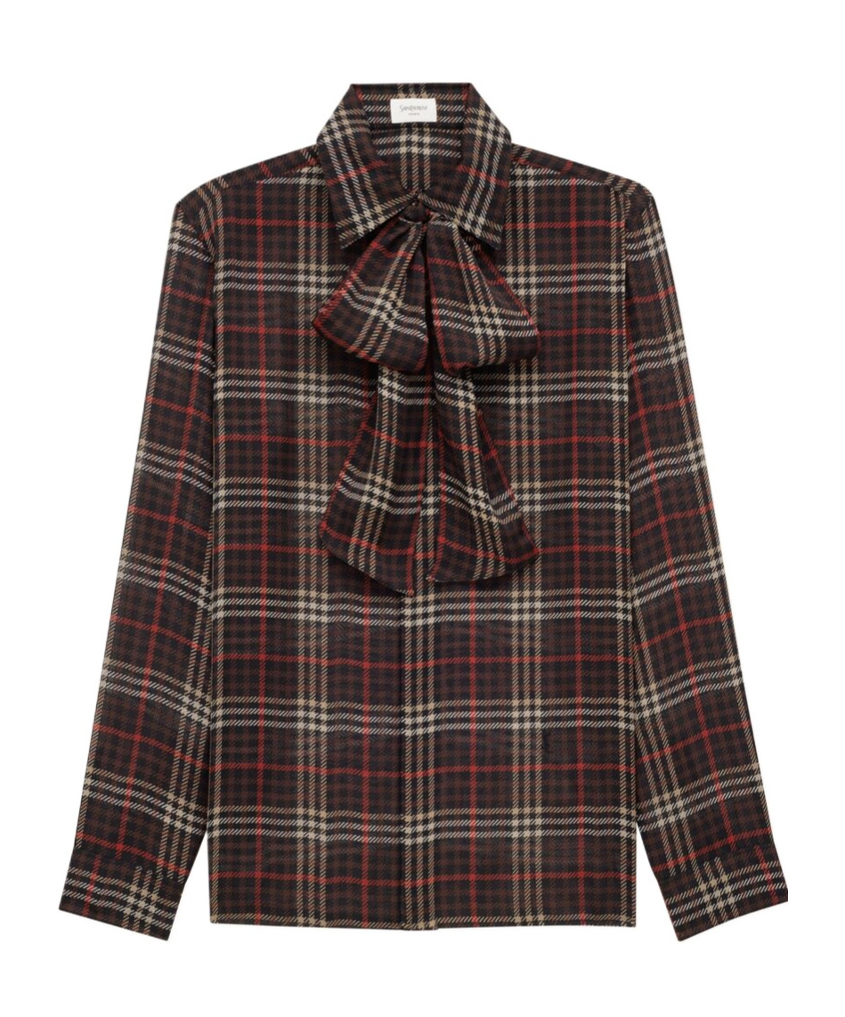 Saint Laurent Plaid Bow Detail Collared Neck Long Sleeves In Brown