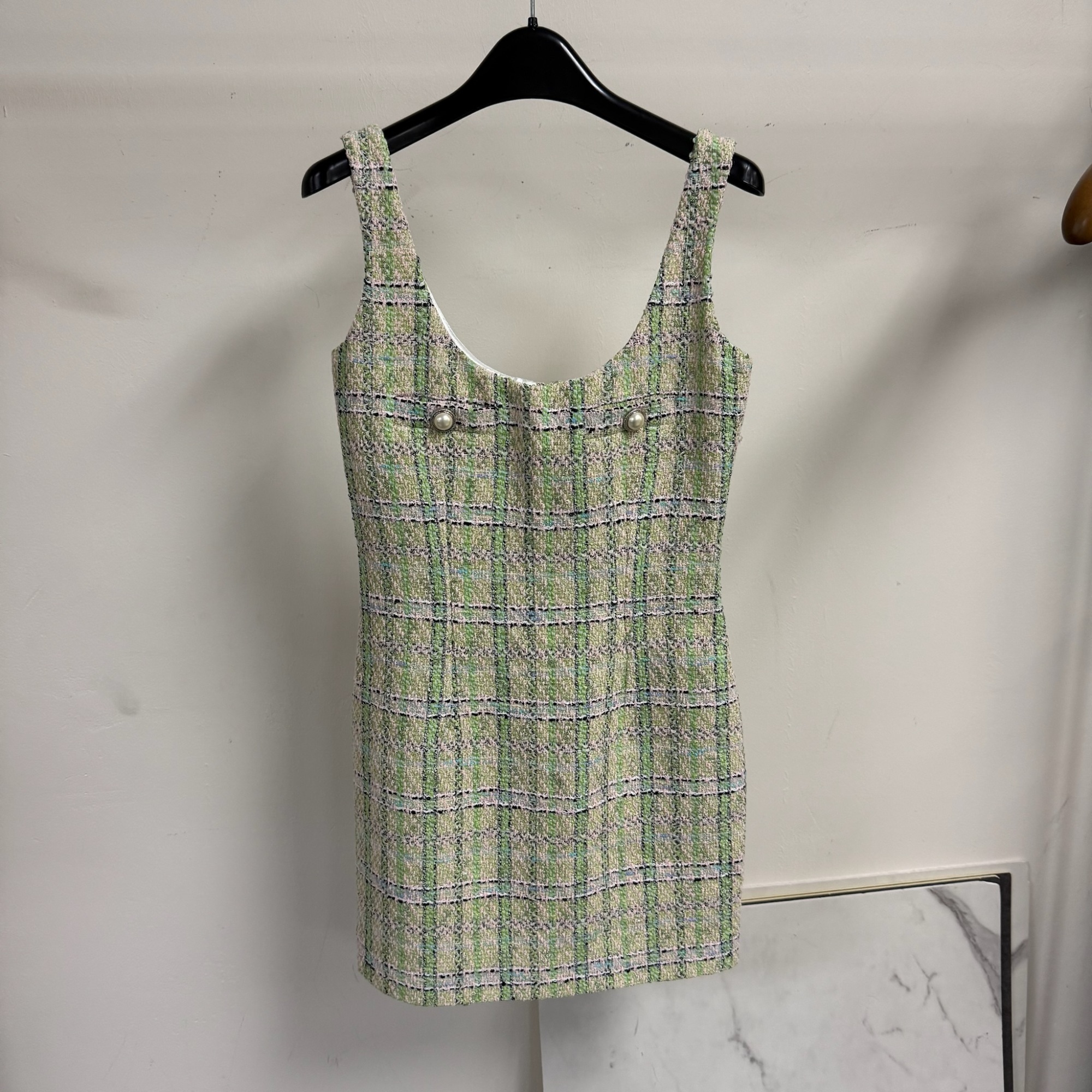 Alessandra Rich Sleeveless Tweed Dress In Green