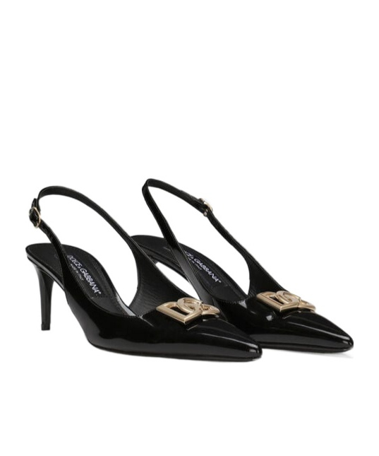 Dolce & Gabbana Black Slingback With Plate Logo In Patent Leather Woman In Black