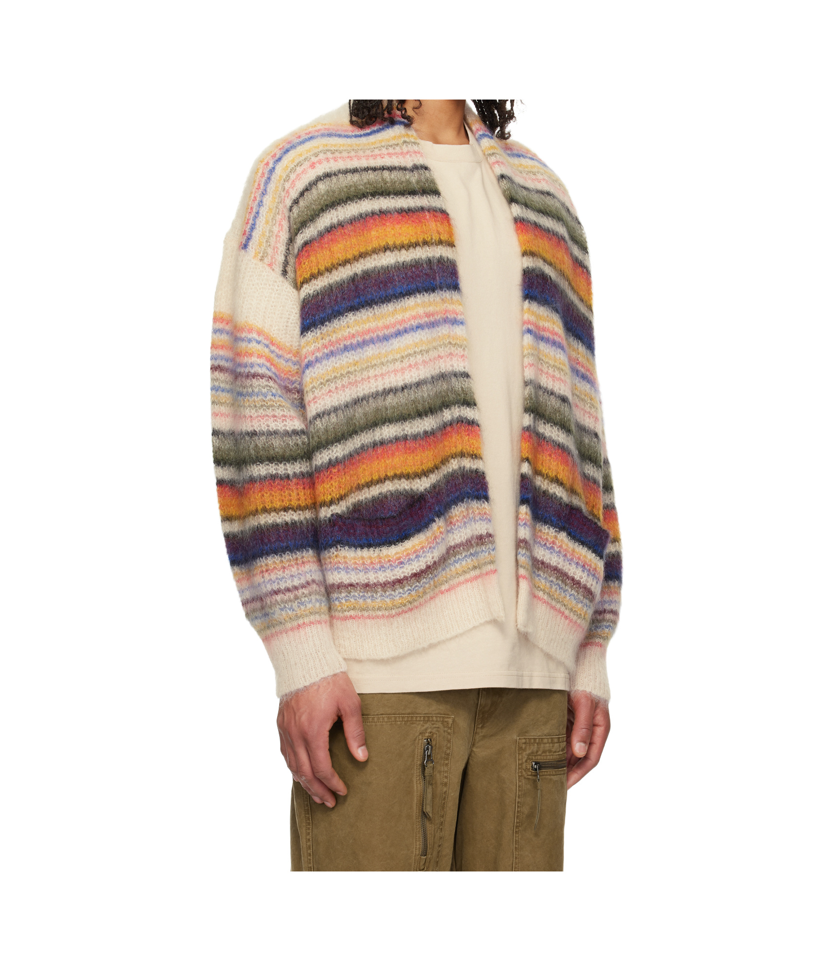 Isabel Marant Brushed Knit Mohair-blend Cardigan. Intarsia Stripes Throughout. In Nude