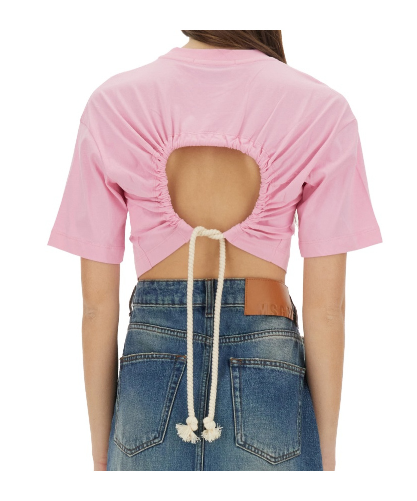 Msgm Short Drawstring Back Cropped T-shirt In Pink