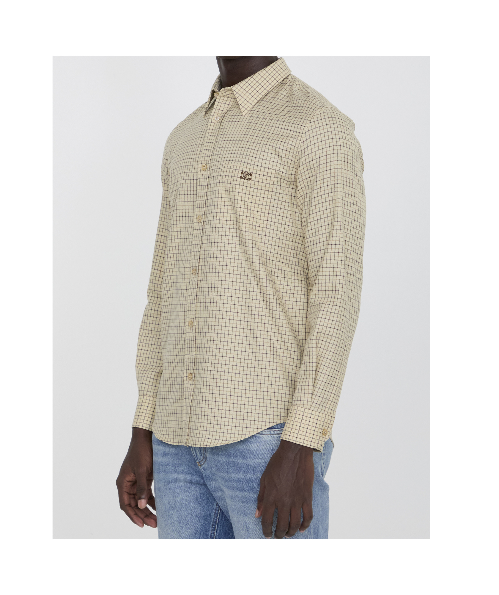 Celine Logo-embroidered Checked Cotton Shirt Men In Nude