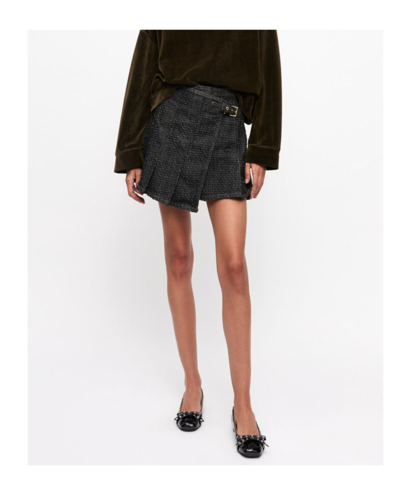 Ganni Black Fluffy Denim Wrap Miniskirt In Black