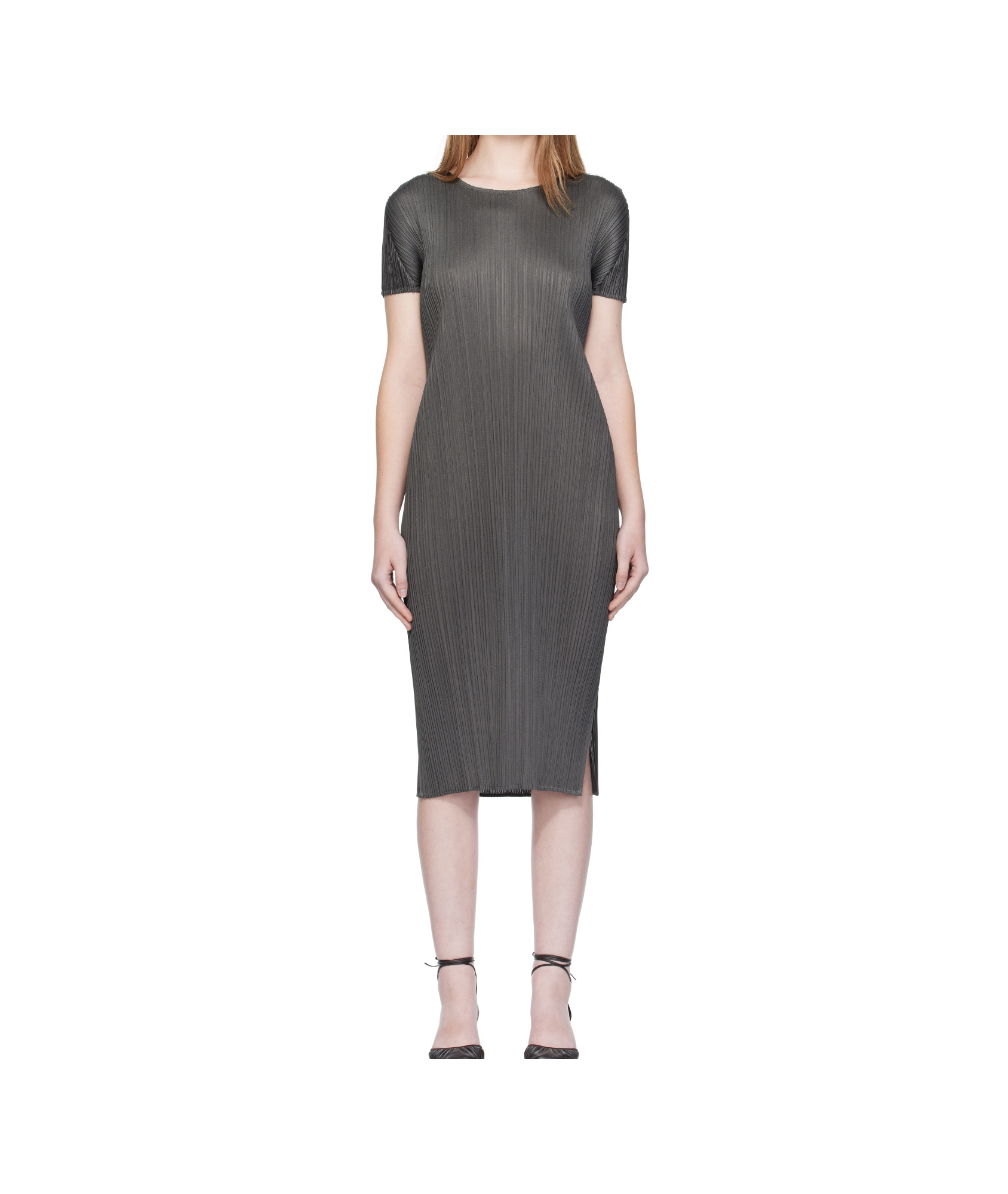 Issey Miyake Pleated Short-sleeved Dress In Gray