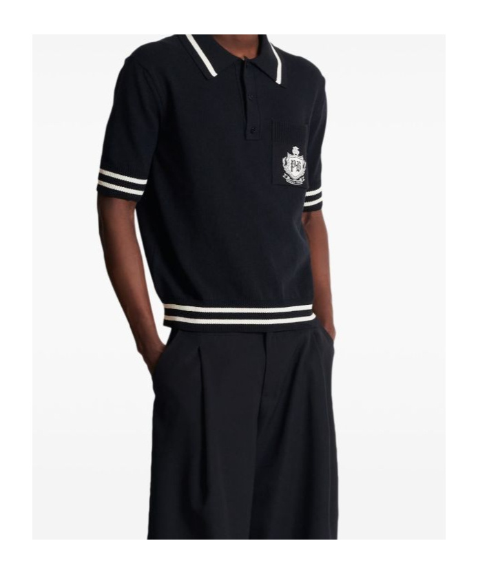 Balmain Striped Collar Short Sleeve Polo Shirt In Black