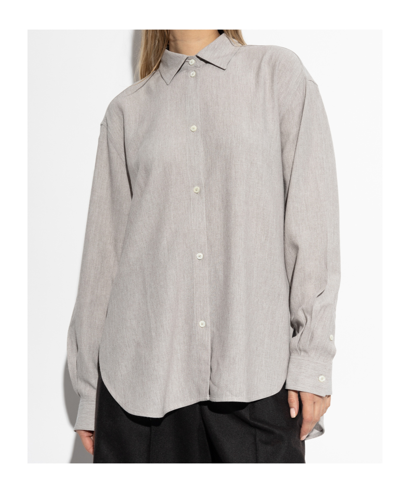 Totême Womens Pale Grey Melange Curved-hem Long-sleeves Woven-blend Shirt In Gray