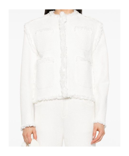 Sacai Cropped Denim Jacket Fringe Detailing In White