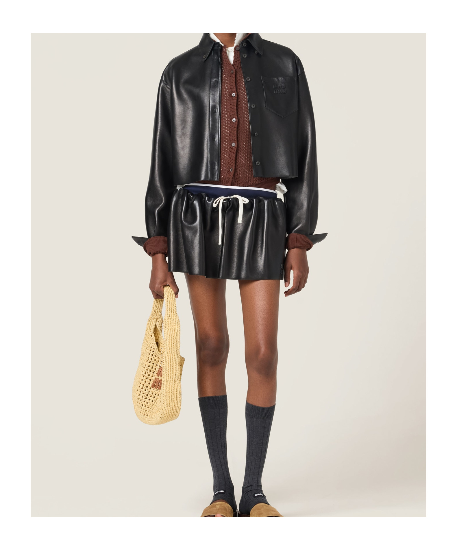 Miu Miu Leather Crop Jacket In Black