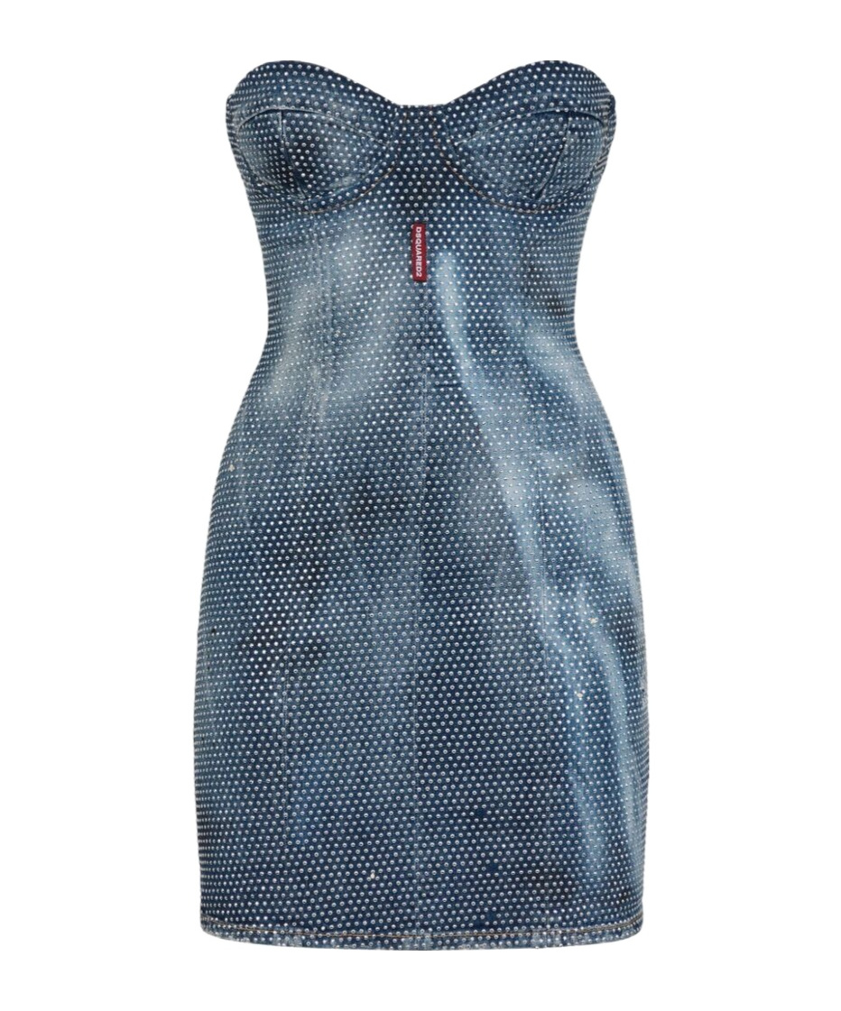 Dsquared2 Studded Denim Bustier Minidress In Blue