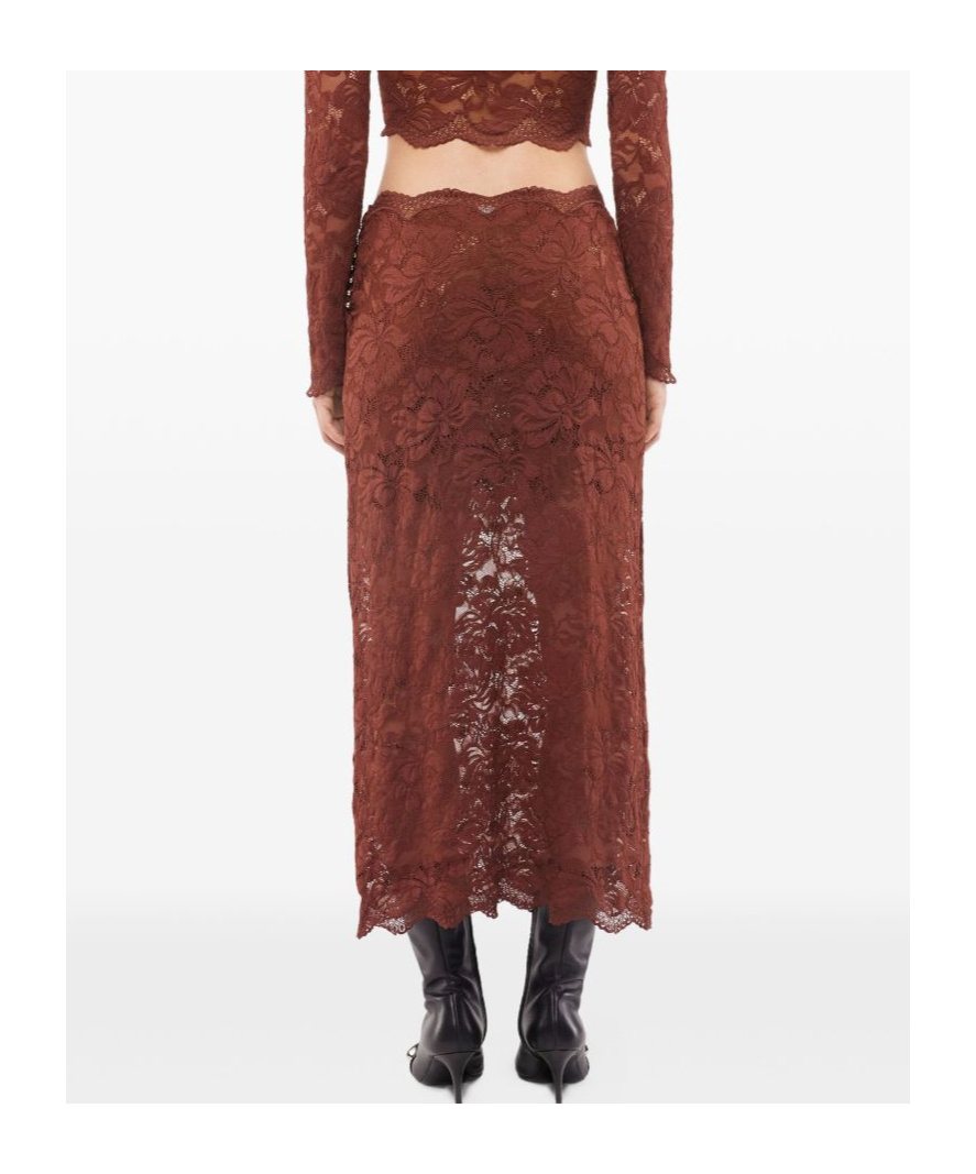 Rabanne Floral Lace Brown Midi Skirt With Scalloped Hem In Brown