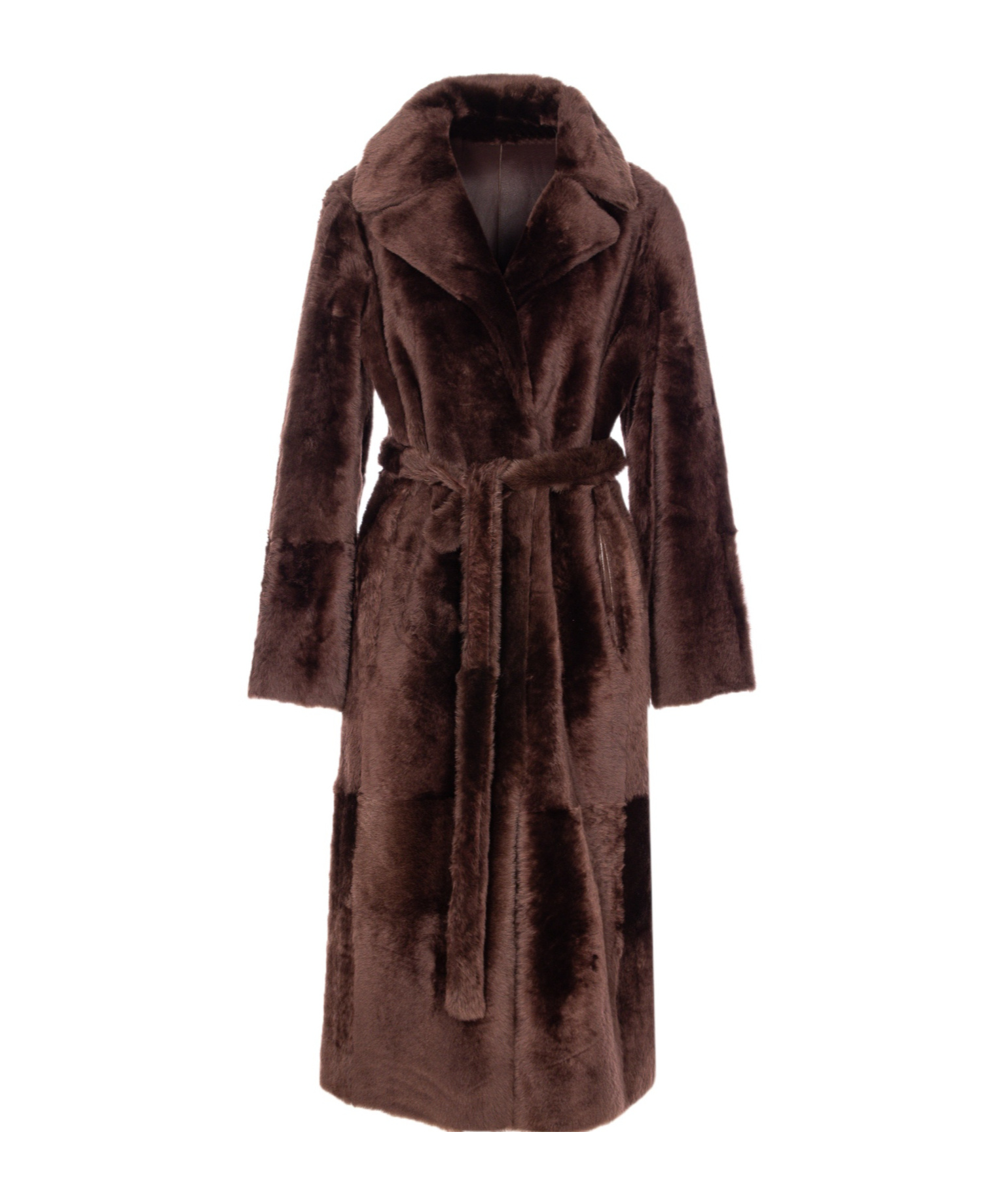 Yves Salomon Belted Faux Fur Long Coat With Pockets In Black