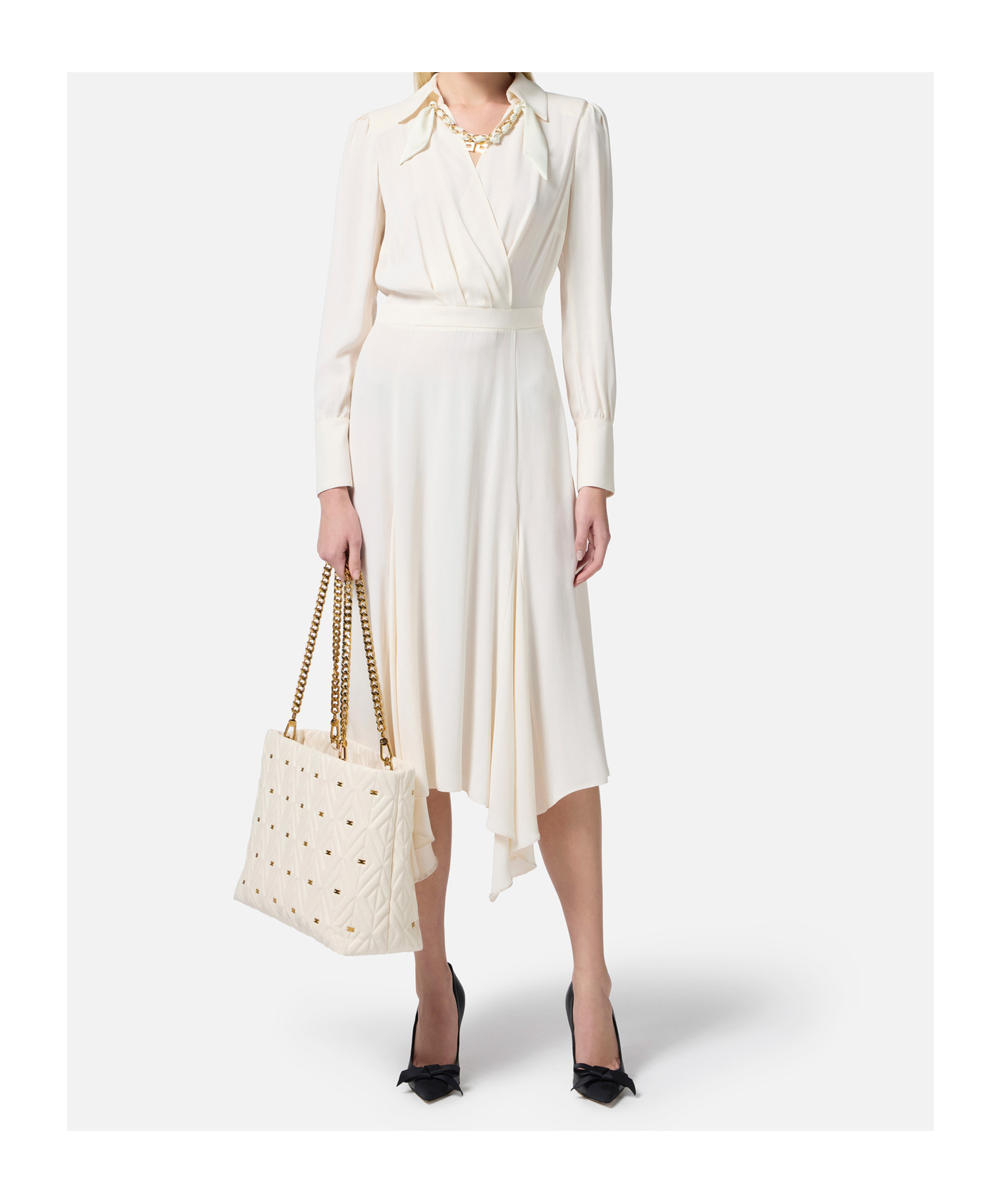 Elisabetta Franchi Abito In Georgette Con Foulard Gioiello Bianco In Butter Color