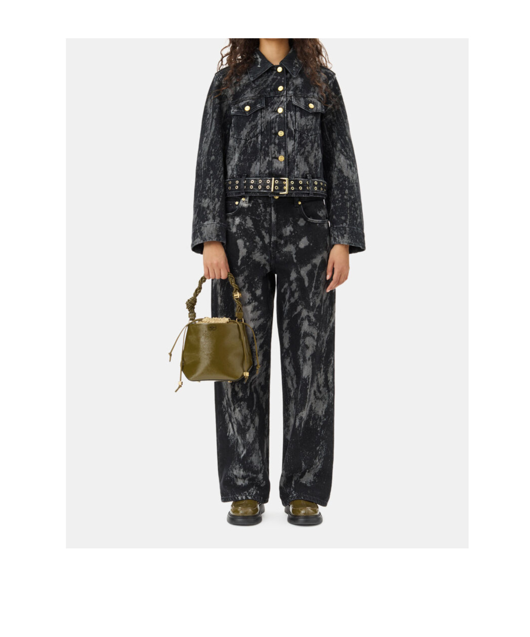Ganni Washed Denim Belted Jacket In Black