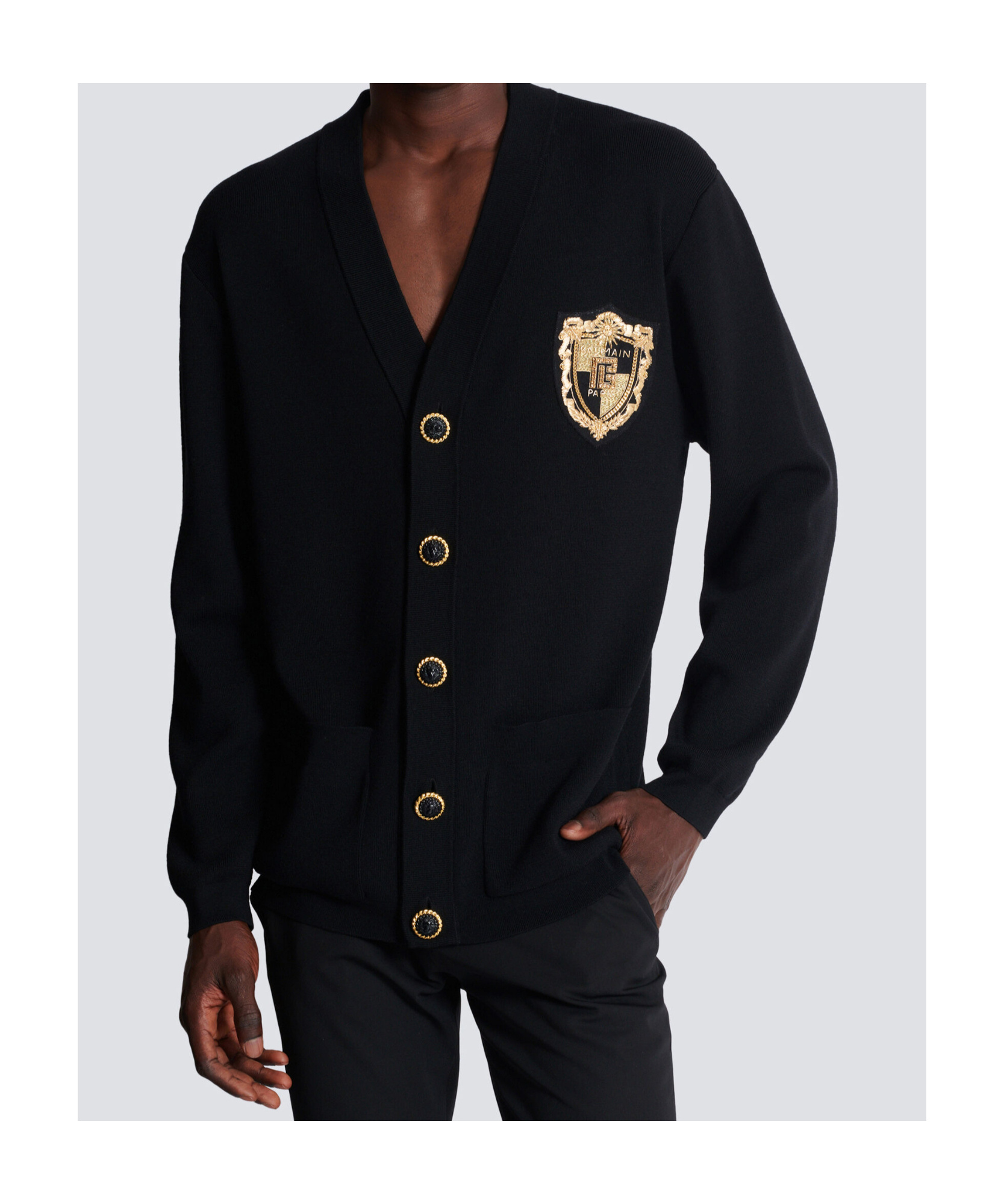 Shop Balmain Knit Cardigan With Embroidered Patch In Black