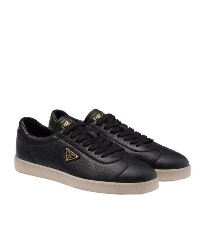Prada Triangle-logo Leather Sneakers In Black