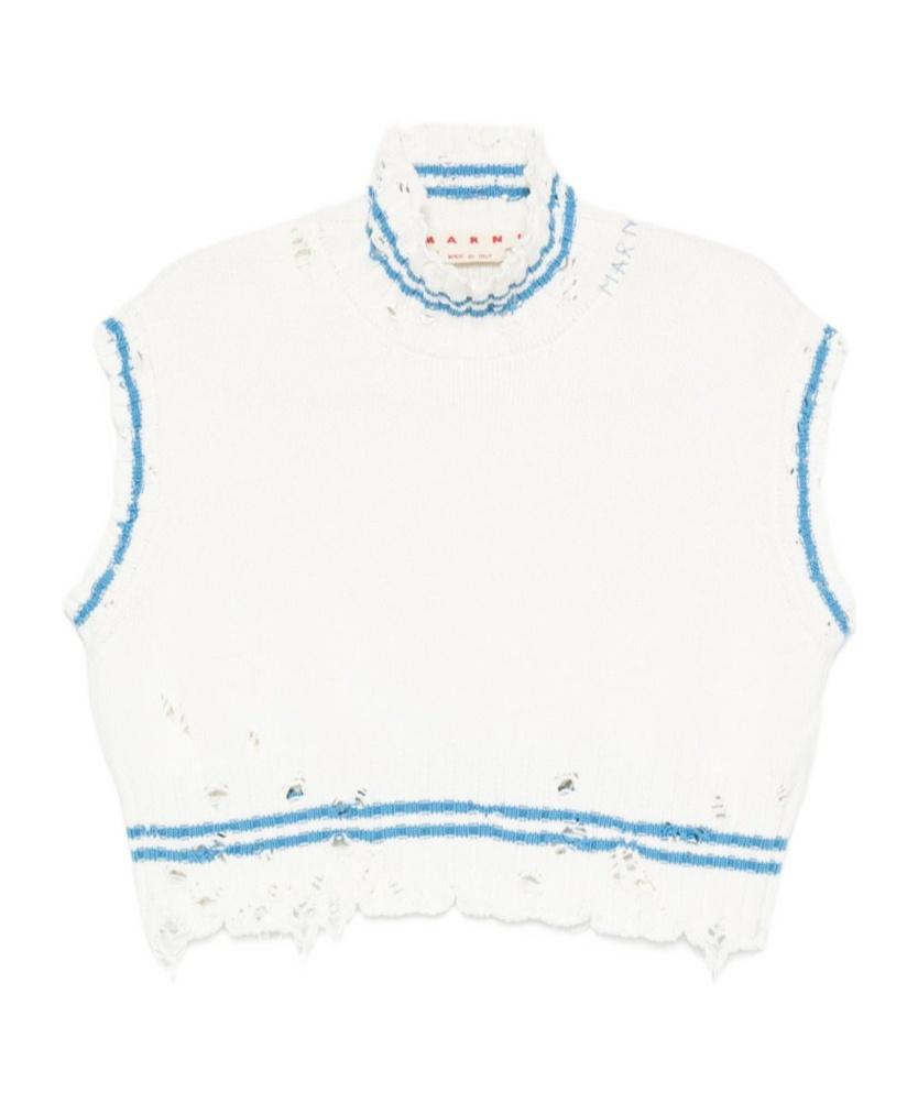 Marni Mending Logo Distressed Boxy Cotton Turtleneck Sweater In White