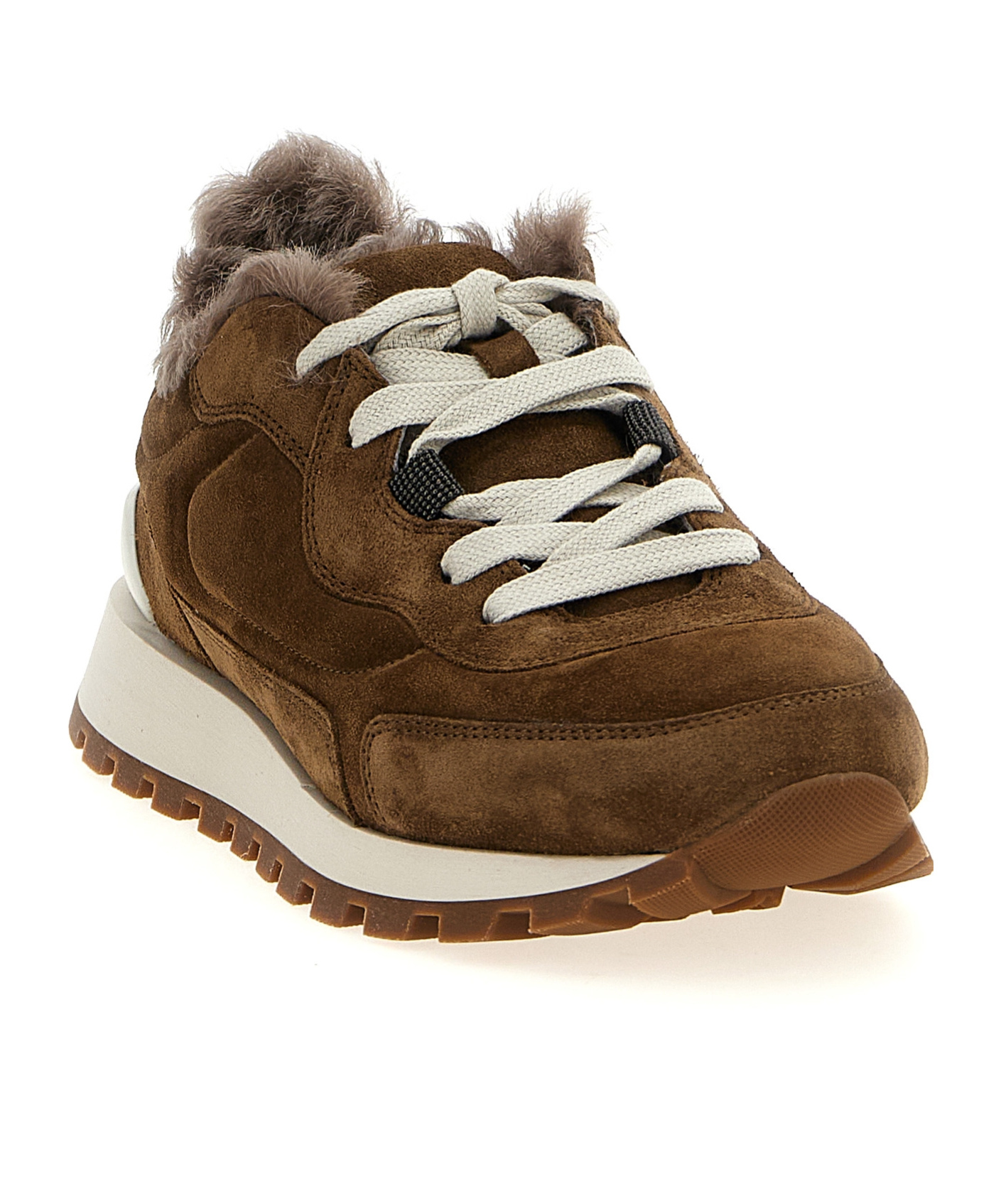 Brunello Cucinelli Runner Monili Suede And Canvas Sneakers In Nude