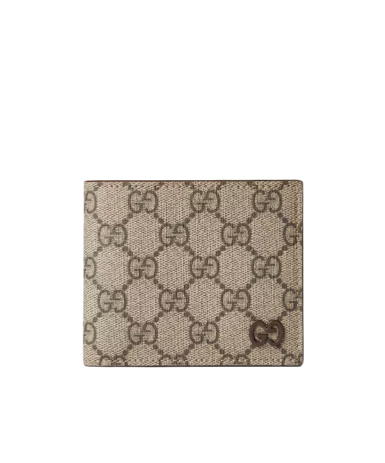 Gucci Gg Supreme Fabric And Leather Wallet With Frontal Logo In Nude