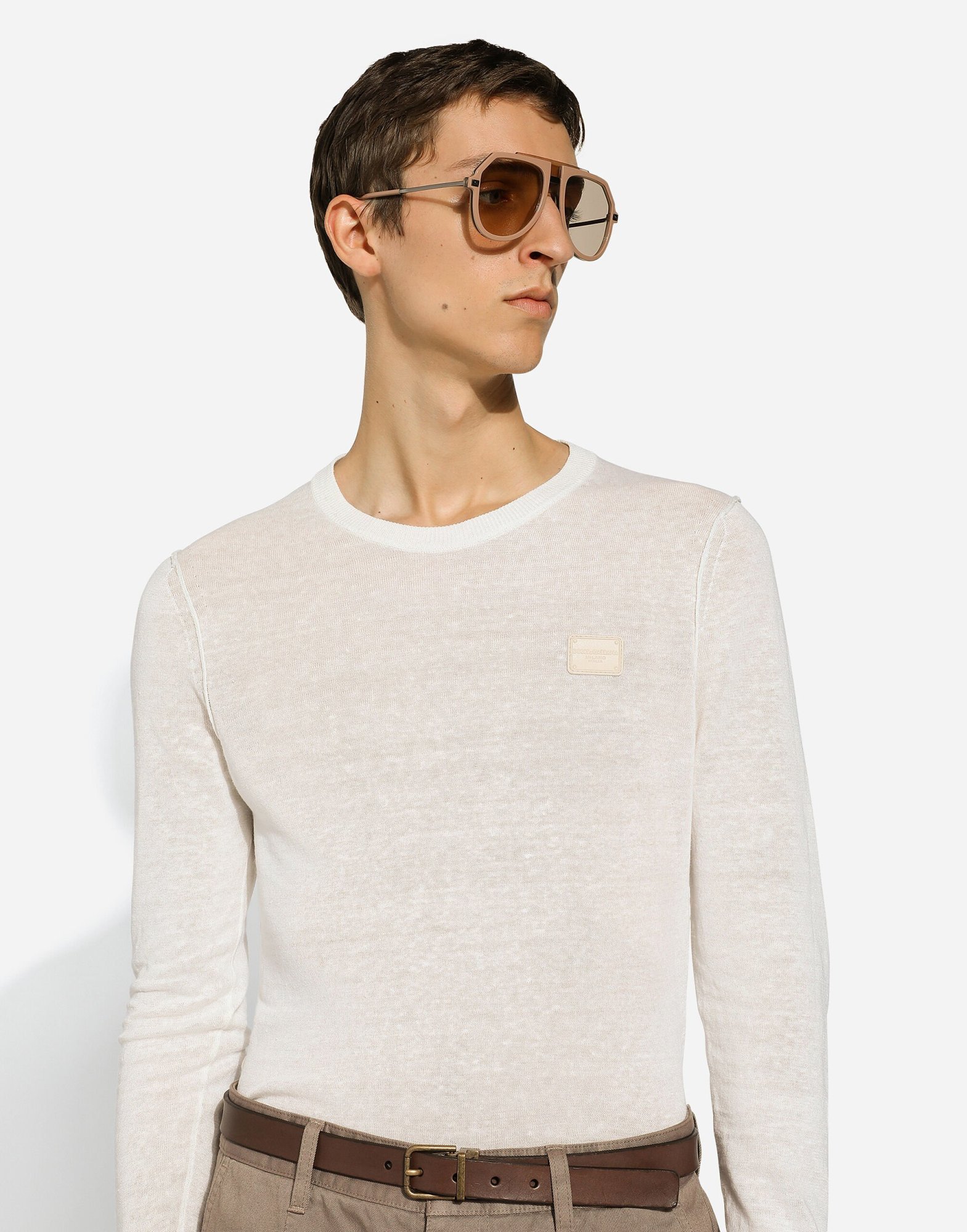 Dolce & Gabbana Linen Round-neck Sweater With Branded Tag In White