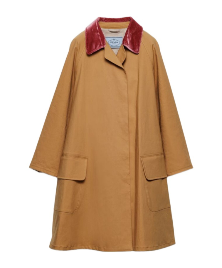 Prada Cotton Overcoat With Contrast Collar And Front Pockets In Brown