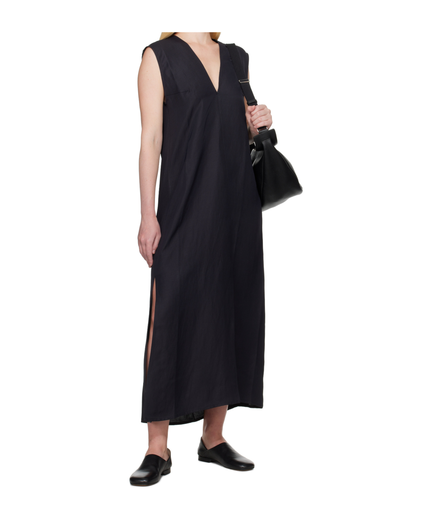 Studio Nicholson Navy Lise Linen Midi Dress In Black