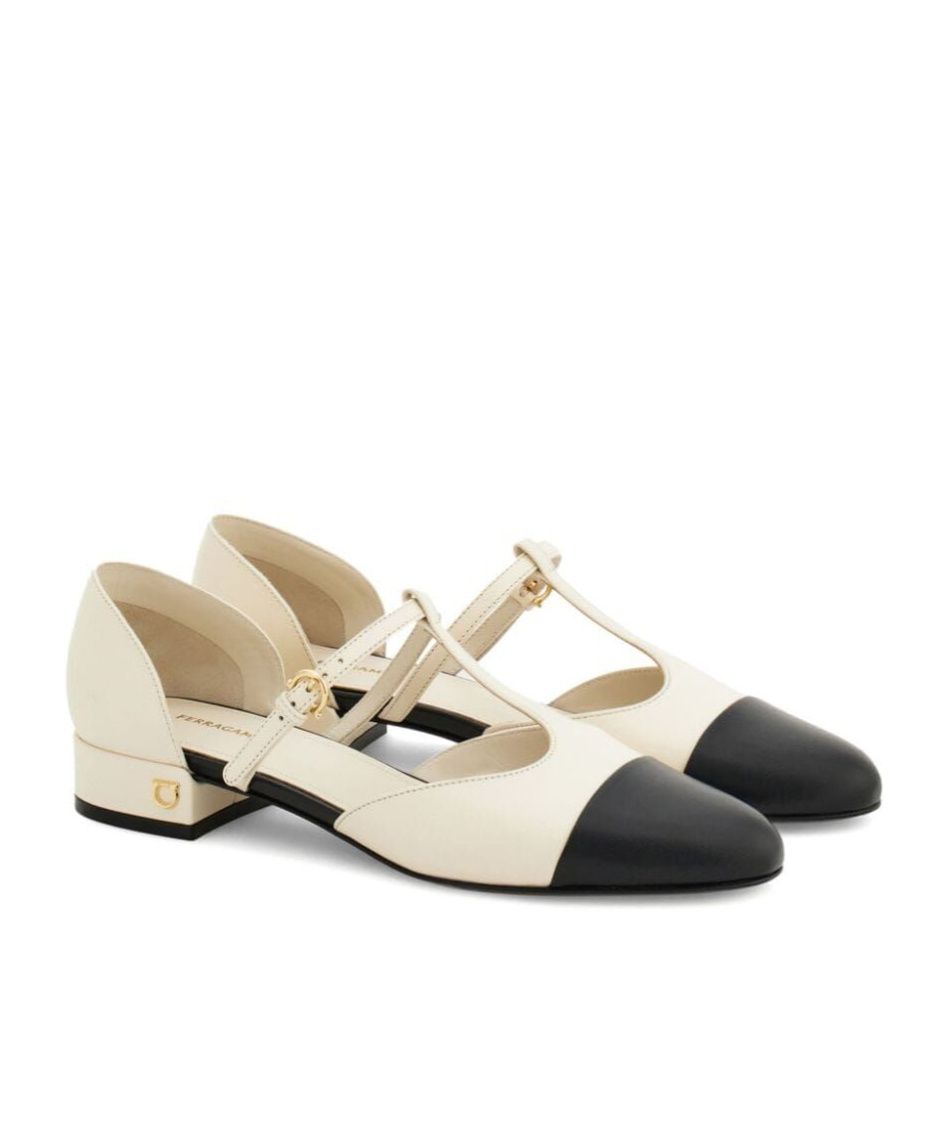 Ferragamo Linette Bicolor T-strap Ballerina Flats In Nude