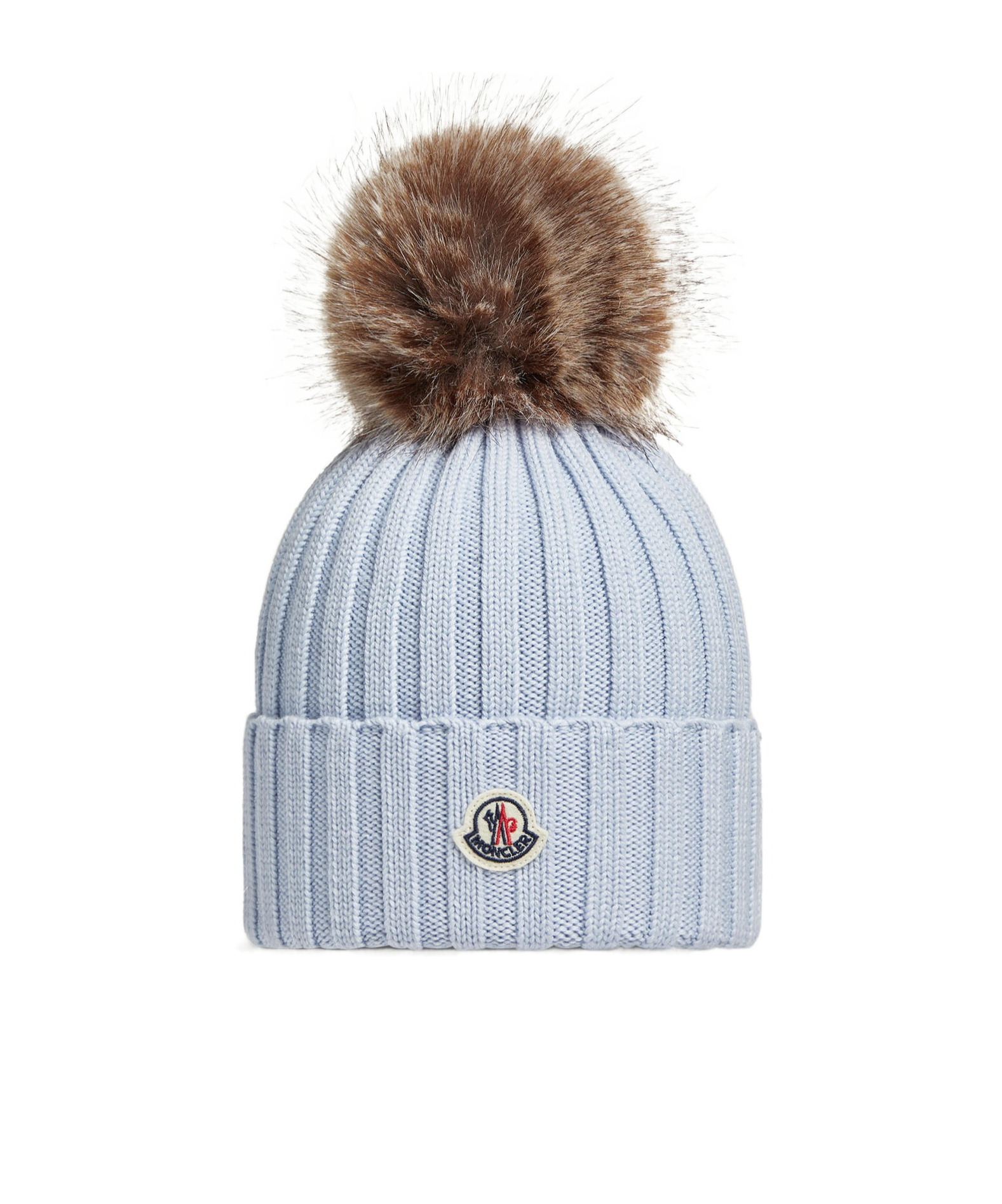 Moncler Ribbed Knit Hat With Fluffy Pom-pom In Blue