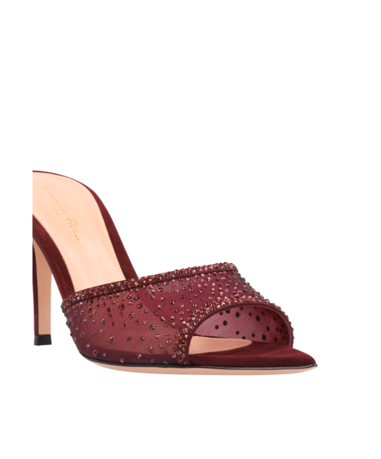 Gianvito Rossi Burgundy Suede Slippers With Transparent Mesh Overlay In Red