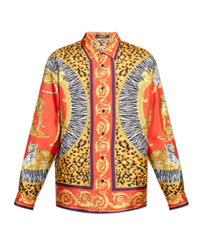 Versace Wild Cats Printed Silk Shirt In Orange
