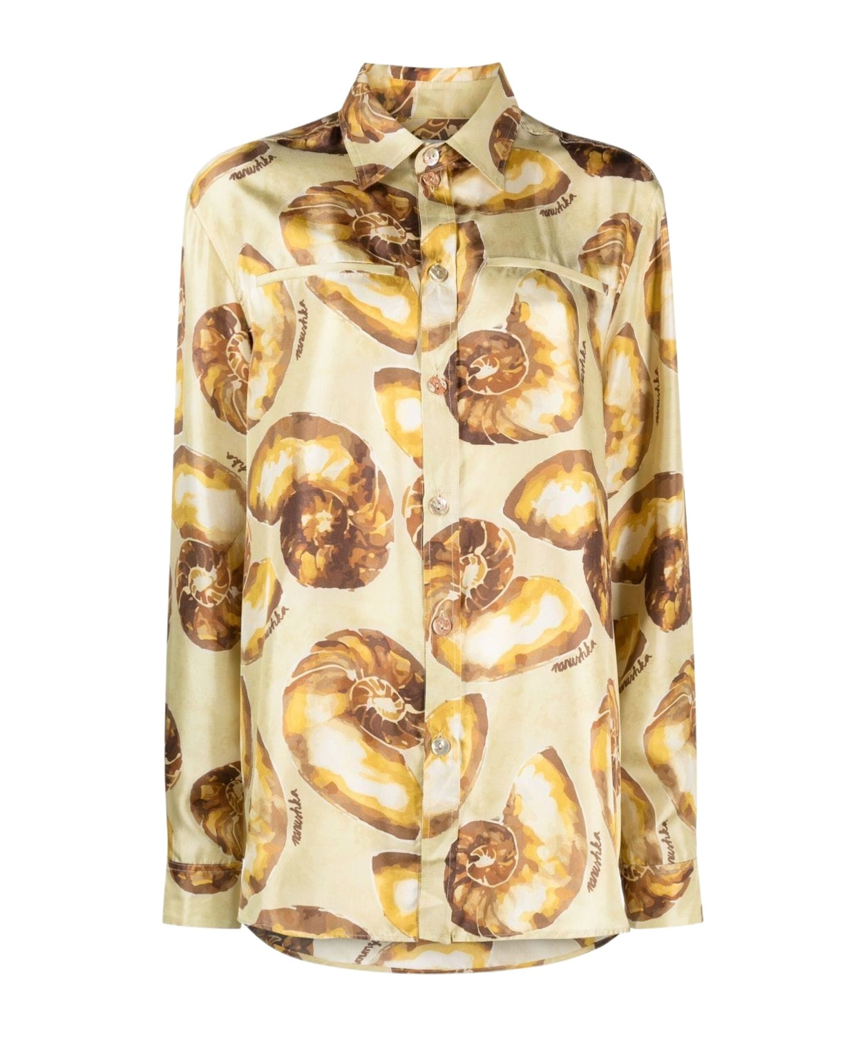 Nanushka Seashell-print Silk Shirt In Nude