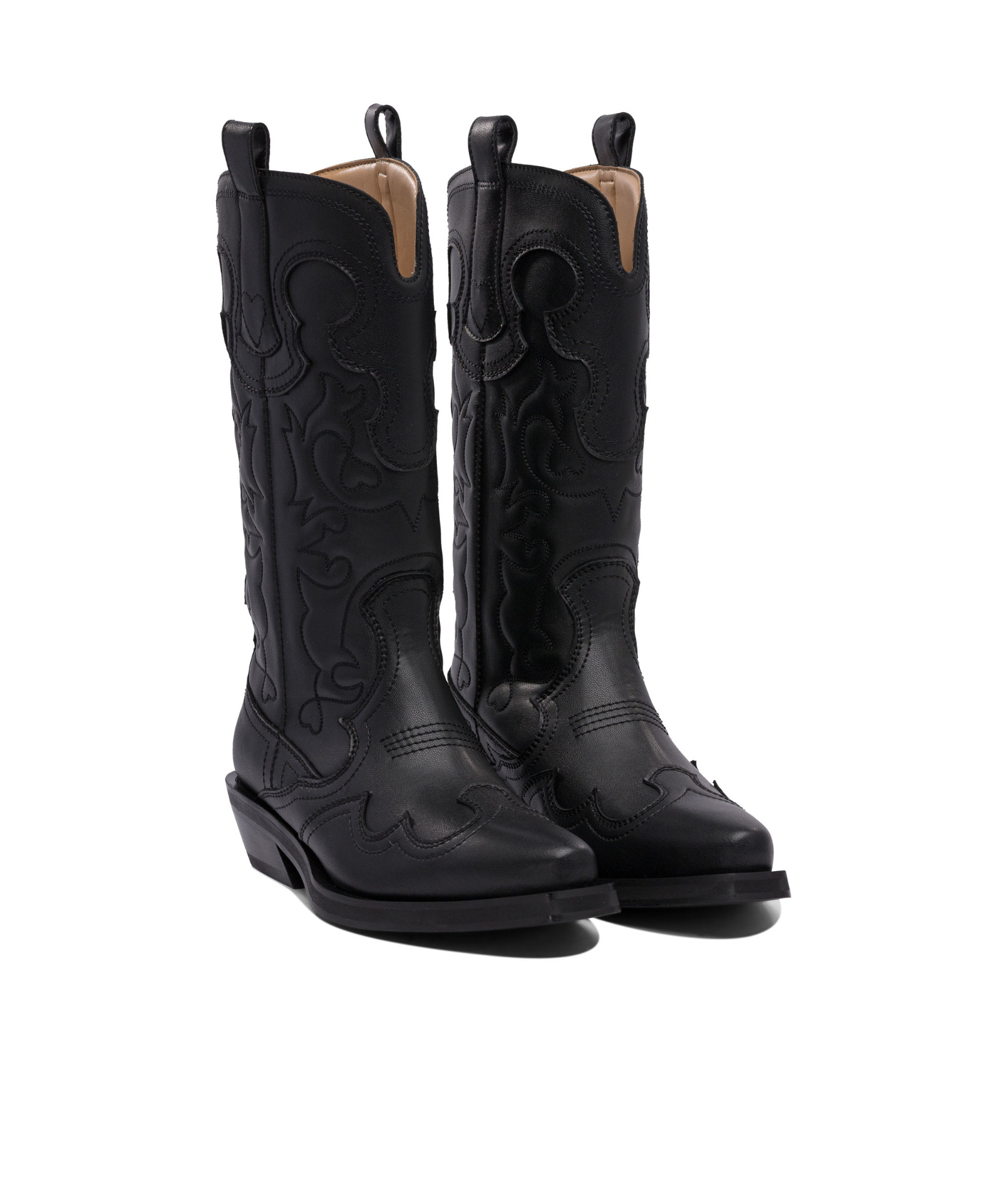 Ganni Black Mid Shaft Embroidered Western Boots In Black