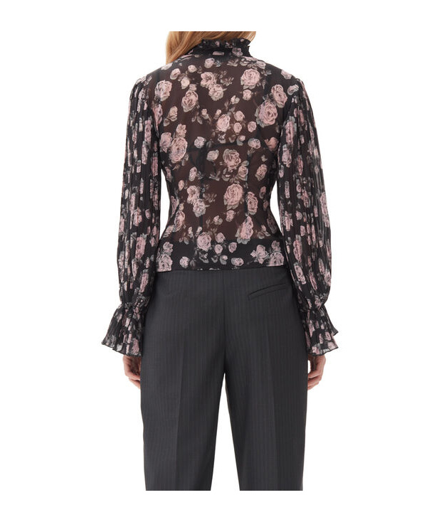 Ganni Floral Print Pleated Blouse In Black