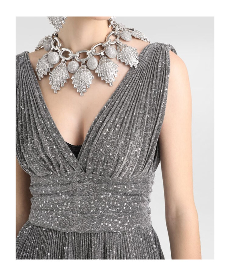 Dolce & Gabbana Long Pleated Dress With Micro-sequin Embellishment In Gray